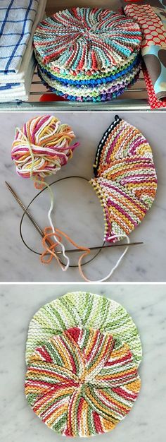 crocheted coasters are being made with yarn