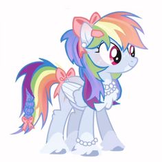 a rainbow pony with long hair and pink bows on it's head, standing in front of a white background