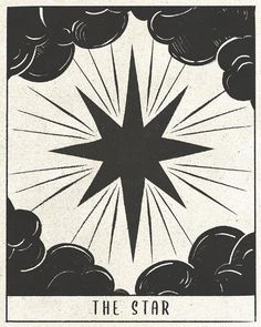 a black and white drawing of a star surrounded by clouds with the words,'the star