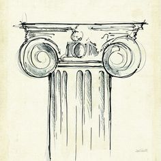 an ink drawing of a column with two columns on each side and three pillars at the top