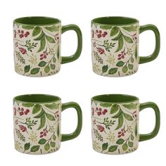 four green mugs with red berries and leaves painted on the sides, set of 4