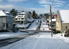 a street is covered in snow and houses