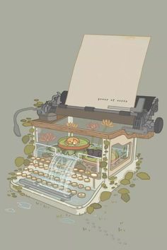 an old - fashioned typewriter is surrounded by leaves and flowers, with the paper on top of it