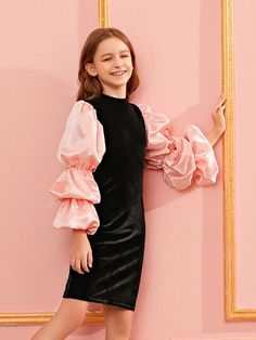 Shop Girls Clothing | Tops, Jeans & Dresses | SHEIN USA Velvet Dress Designs For Kids, Modest Girls Dresses, Diwali Dresses, Stand Collar Dress, Sleeved Velvet Dress, Dresses Shein, Dresses For Kids, Velvet Dress Designs