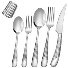 five silverware pieces with different patterns and sizes