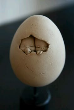 an egg with a baby's head in the shell on a black table top