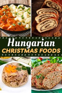 there are many different foods in this collage with the words hungarian christmas foods on it