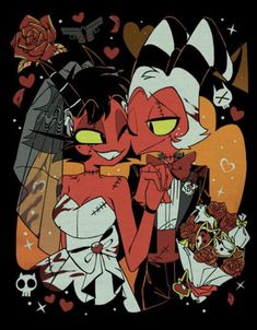 two cartoon characters are standing next to each other in front of a rose and skull