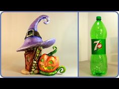 there are two pictures of plastic bottles and one has a witch hat on it, the other has a pumpkin