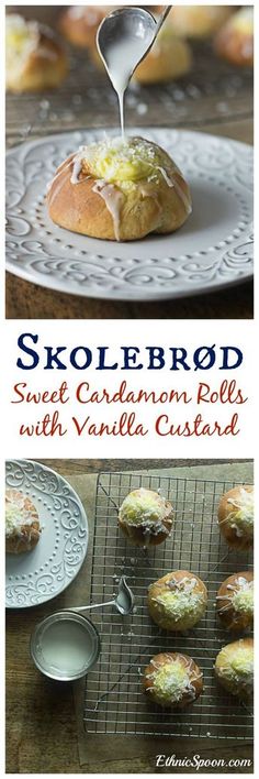 a plate with some food on it and a spoon in the middle, next to an advertisement for skolebrod sweet caramel roll with vanilla custard