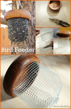 the bird feeder is made out of wire and wood