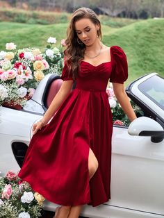 Ruched Fake Button Puff Sleeve Sweetheart Neck Split Thigh Satin Dress | SHEIN USA Fashion Infographic, Red Dress Sleeves, Red Satin Dress, Frock For Women, Hello December, Red Bridesmaid Dresses, Maroon Dress, Shein Dress, Fancy Jewellery