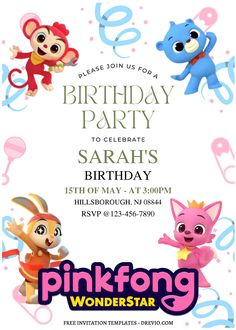 pinkfong birthday party flyer with cartoon characters