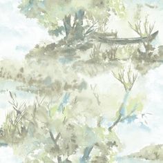 an abstract painting of trees and bushes on a hill side with watercolors in the foreground