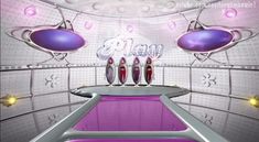 an animated image of a futuristic kitchen with lights on the ceiling and pink counter tops