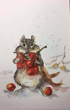 a painting of a mouse holding apples