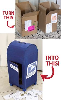 mail boxes with stickers on them are shown in three different pictures, one is open and the other is closed