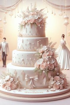 a wedding cake with pink flowers on it and a bride and groom in the background