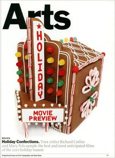 the front cover of arts magazine with an image of a gingerbread house and candy canes