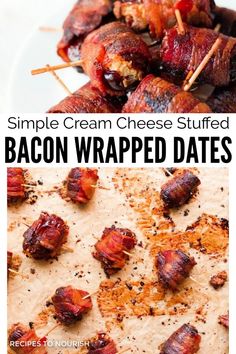 Two photos, one of a white plate stacked with several toothpick pricked, baked crispy bacon wrapped dates that are stuffed with cream cheese and a second photo of toothpick pricked, baked crispy bacon wrapped dates that are on a baking sheet lined with unbleached parchment paper with text that says Simple Cream Cheese Stuffed Bacon Wrapped Dates. Dates With Cream Cheese, Date Recipes Gluten Free, Date Recipes Medjool, Stuffed Dates Recipes, Stuffed Bacon Wrapped Dates, Bacon Appetizers Easy, Medjool Date Recipes, Cheese Stuffed Dates, Snack Ideas Easy