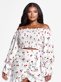 Plus Size Tatiana Off The Shoulder Cherry Print Top | Fashion to Figure Sweetheart Top Plus Size, Striped Wide Leg Pants, Fashion To Figure, Cherry Print, Plus Size Top, Print Crop Tops, Front Tie Top, Top Fabric, Cut Off Shorts