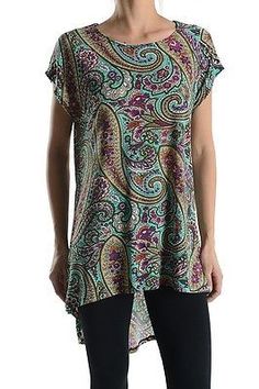 Paisley Print Short Sleeve Asymmetrical Hi-Low Hem Long Tunic Top Shirt Babydoll Tops, Special Style, Long Tunic Tops, Repurposed Clothing, Boho Tunics, Fashion Dresses Casual, Long Tunic, Flowy Tops, Style Women