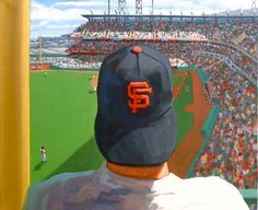 a painting of a baseball player in the stands at a game with an orange number on his hat