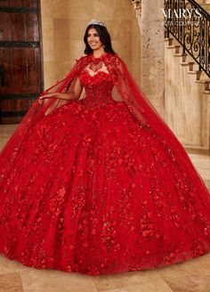 MQ3075 Red Quince Dress, Red Quinceanera Dress, Mexican Quinceanera Dresses, Red Quince, Baju Kahwin, Detachable Cape