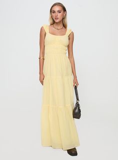 Skieler Maxi Dress Lemon Casual Yellow A-line Maxi Dress, Yellow A-line Sundress Maxi Dress, Casual Non-stretch Yellow Maxi Dress, Long Yellow Dress, Yellow Bohemian Floor-length Maxi Dress, Yellow Floral Print Floor-length Maxi Dress, Yellow Long Dress, Flowy Style, The Cool Hour