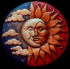 a painted sun and moon with clouds in the background