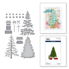 three different christmas cards and dies, one with a tree on it's side