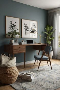 a home office with blue walls and wooden furniture, plants on the desk in front of a window