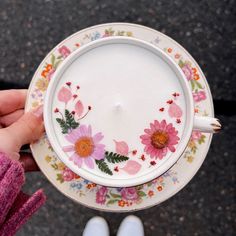 The teacup is white with rainbow florals on it. The wax is white and the top of the wax has pink flowers. Candle Light Aesthetic, Candles Tattoo, Drawing Candles, Tattoo Candle, Candle Tattoo Design, Candle Aesthetics, Decorate Candles, Candles Decoration, Candle Photography