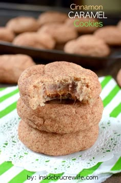 cinnamon caramel cookies stacked on top of each other with the cookie in the middle