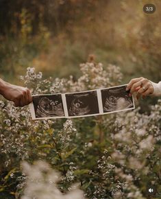 two people holding pictures in their hands with flowers around them and trees in the background