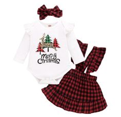 Toddler Girls Christmas Tree Print Top Plaid Sling Skirt Layette Set, Themed Outfits, Baby Outfits, Plaid Design, Plaid Christmas, Girl Pattern, Tree Print, Christmas Girl