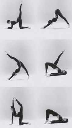 a woman is doing yoga poses in different positions, including the handstand and legs