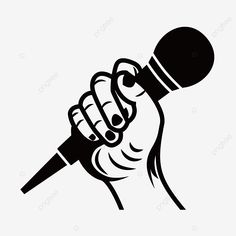 a hand holding a microphone in the middle of it's fist, black and white