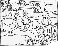 a black and white drawing of children in the kitchen