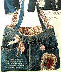 an image of a purse made out of jeans with flowers on the bottom and back