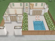 an aerial view of a house with a swimming pool