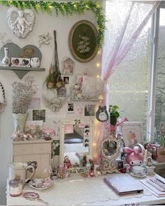 a room filled with lots of clutter and decor on the walls, including a dresser