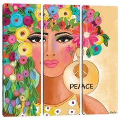 three pieces of art depicting a woman with flowers on her head and peace sign in the middle