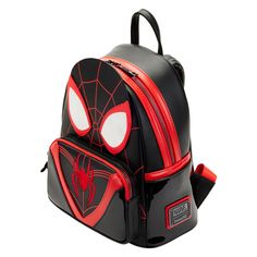 The Loungefly Spider-Man Miles Morales Cosplay Mini Backpack resembles Miles Morales’ suit from Spider-Man: Across the Spider-Verse (Part One). The front zipper pocket features the chest markings shown on Miles’ black and red Spider-Man suit. Up above, pearlescent eye markings give shape to his iconic mask. An enamel zipper pull shows Miles as he is about to sling a web from his hand. On the back, the infamous spider emblem makes an encore appearance. This backpack is an officially licensed Marvel product. Dimensions: 9” W x 10.5” H x 4.5” D Material: Faux leather (polyurethane) Features: Sturdy metal hardware, adjustable straps, side pockets, enamel zipper charm, and applique, pearlescent, and patent leather details. Spider-man Bag, Spider-man Backpack, Themed Backpack For Cosplay, Themed Cosplay Backpack, Black Backpack For Halloween Cosplay, Themed Red Backpack, Black Backpack With Zipper For Disney Fan Events, Spider Man Stuff, Spider Man Backpack