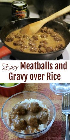 meatballs and gravy over rice in a skillet