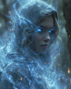 a woman with blue eyes is surrounded by fire and ice in the woods, looking into the distance