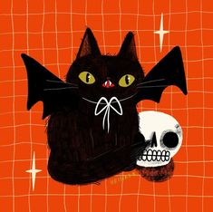 a black cat sitting next to a skull on an orange background