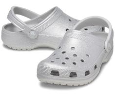 Classic Glitter Clog - Crocs Crocs Classic Clogs, Women's Crocs, Girls Wardrobe, Silver Shoes, Clogs Shoes, Silver Glitter, Strap Heels, Comfortable Shoes, Clogs