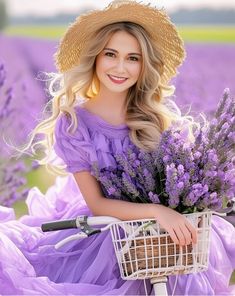 a woman in a purple dress and hat is holding a basket with lavender flowers