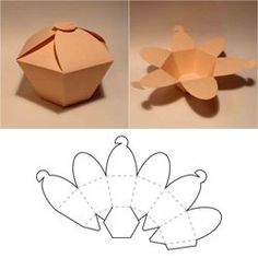 three different views of an origami cupcake with the top cut out and bottom cut out